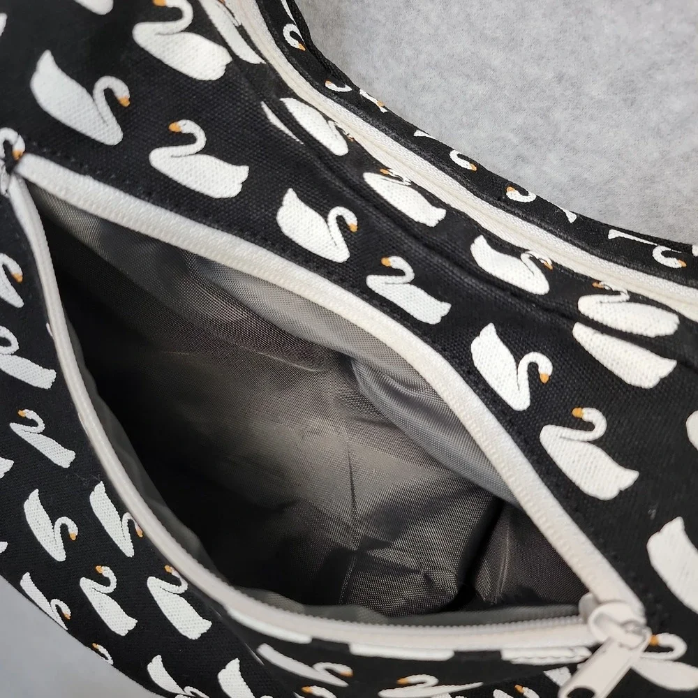 KAVU Satchel Crossbody Bag Shoulder Purse Black & White Swan Pattern Canvas